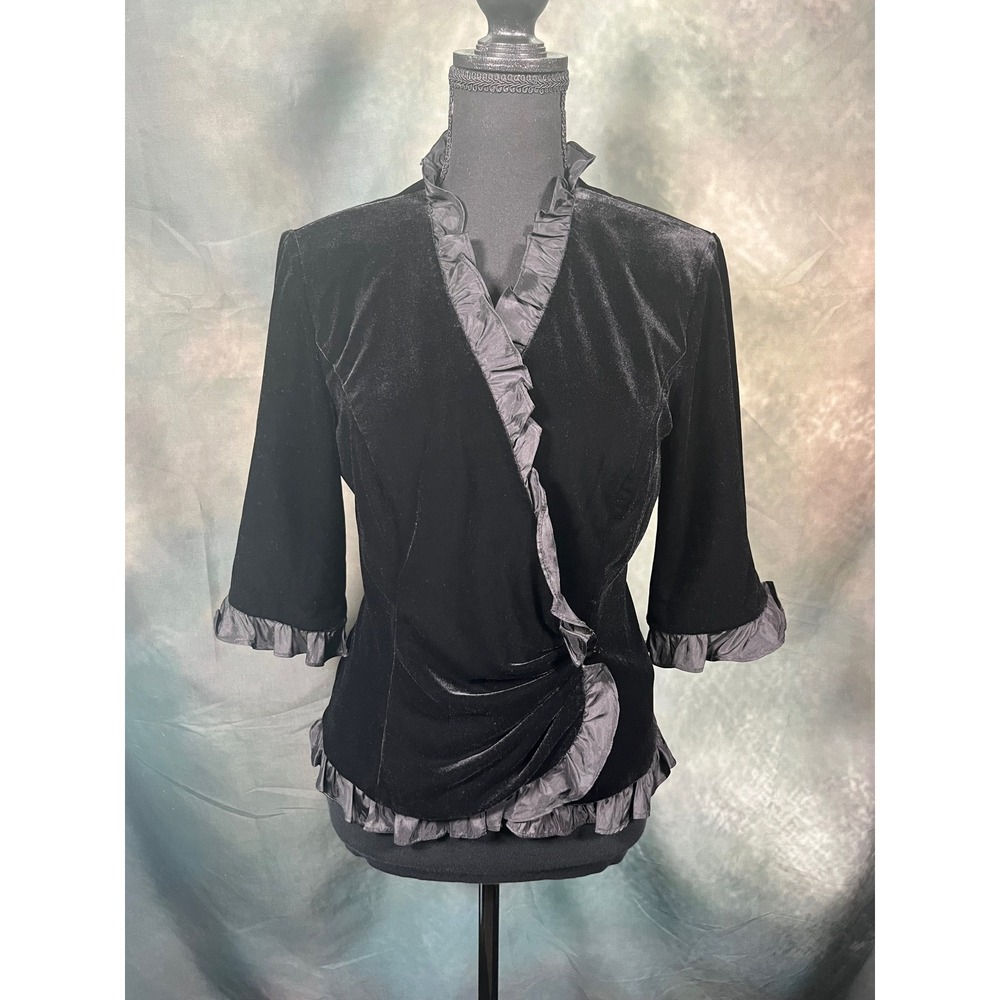 Alex Evenings Black Velvet Ruffle Trim Wrap Top Petite Medium MP Formal Evening